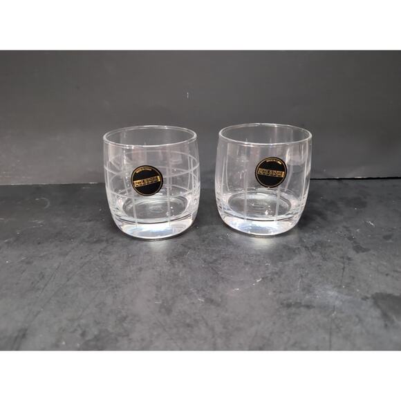 Fifth Avenue Crystal Old Fashioned Glasses, Set of 2, Clear Engrave Grid Tumbler - Picture 1 of 7